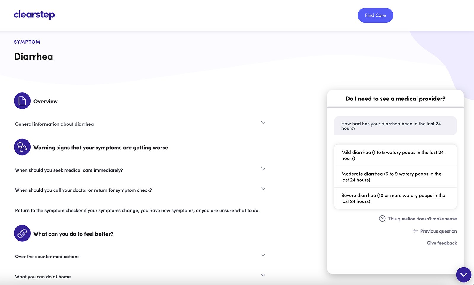 Clearstep digital triage software patient service interface
